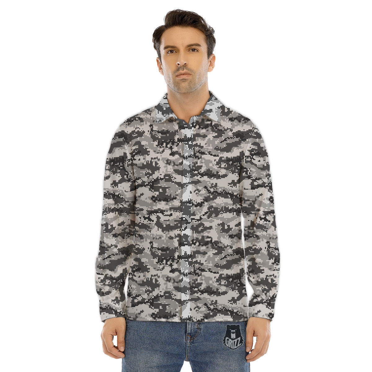 Black White And Grey Digital Camo Print Men's Dress Shirts-grizzshop
