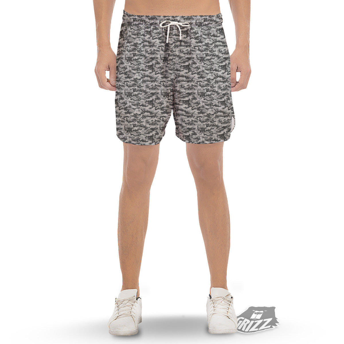 Black White And Grey Digital Camo Print Men's Gym Shorts-grizzshop