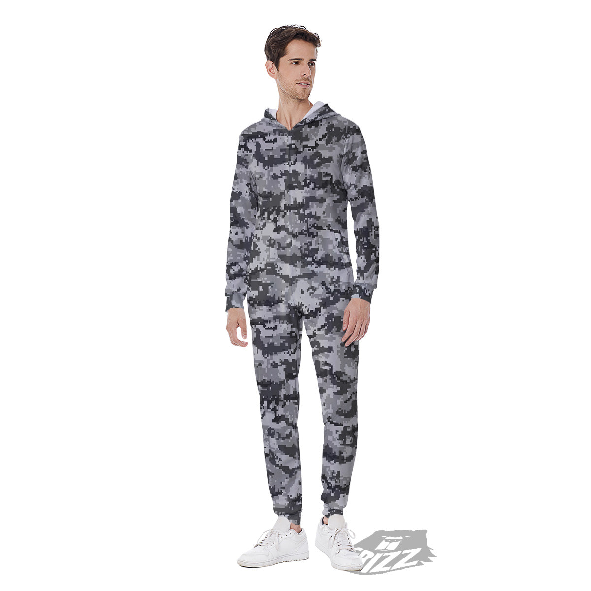Black White And Grey Digital Camo Print Men's Jumpsuit-grizzshop