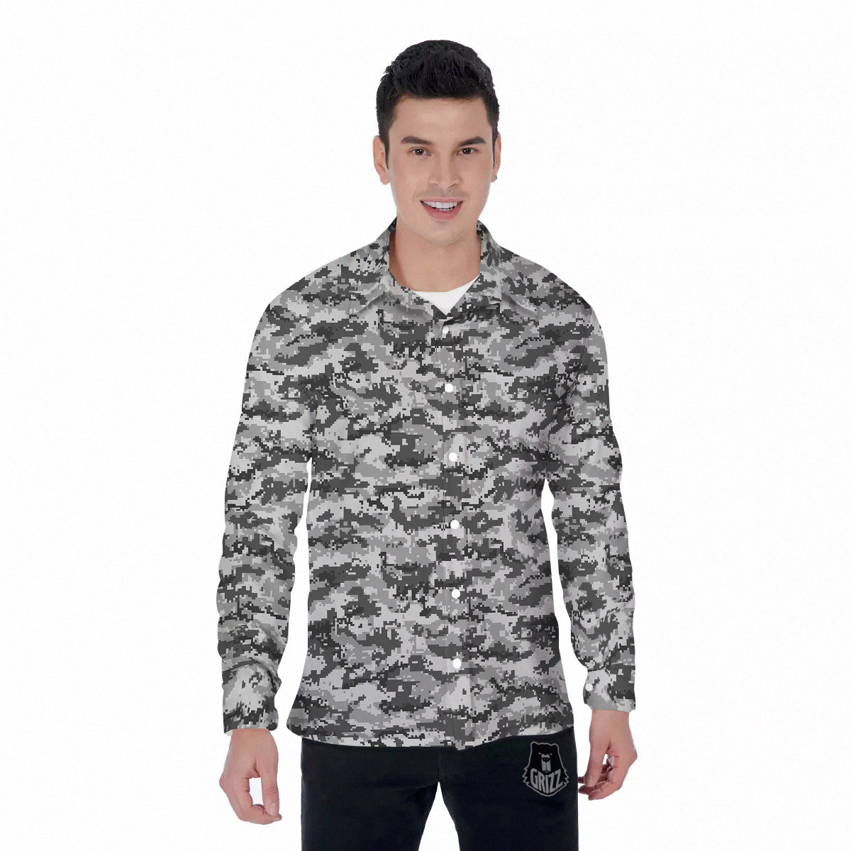 Black White And Grey Digital Camo Print Men's Long Sleeve Shirts-grizzshop