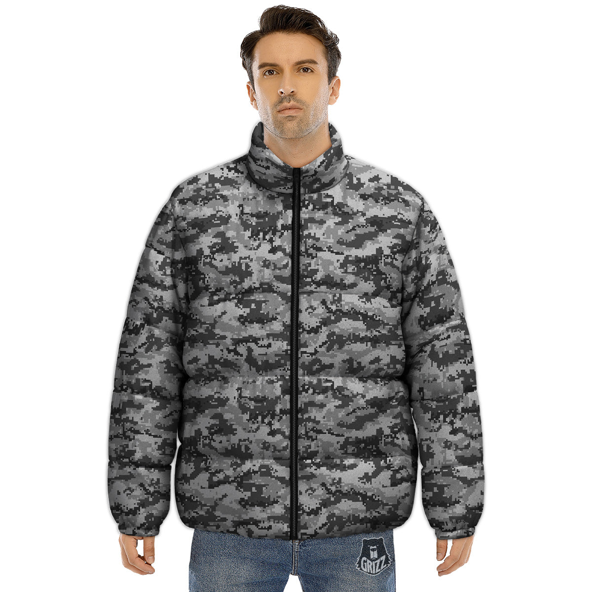 Black White And Grey Digital Camo Print Puffer Jacket-grizzshop