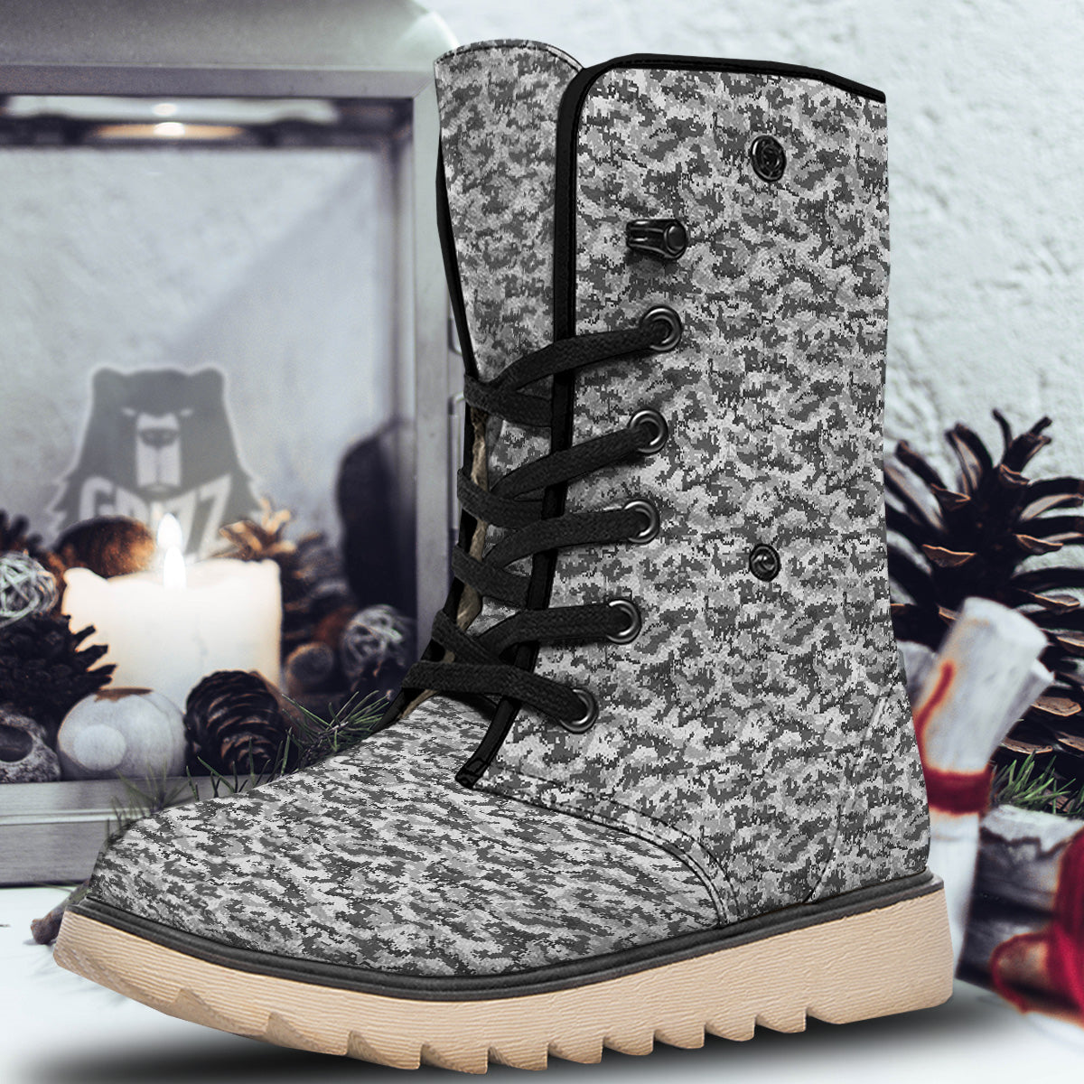 Black White And Grey Digital Camo Print Snow Boots-grizzshop