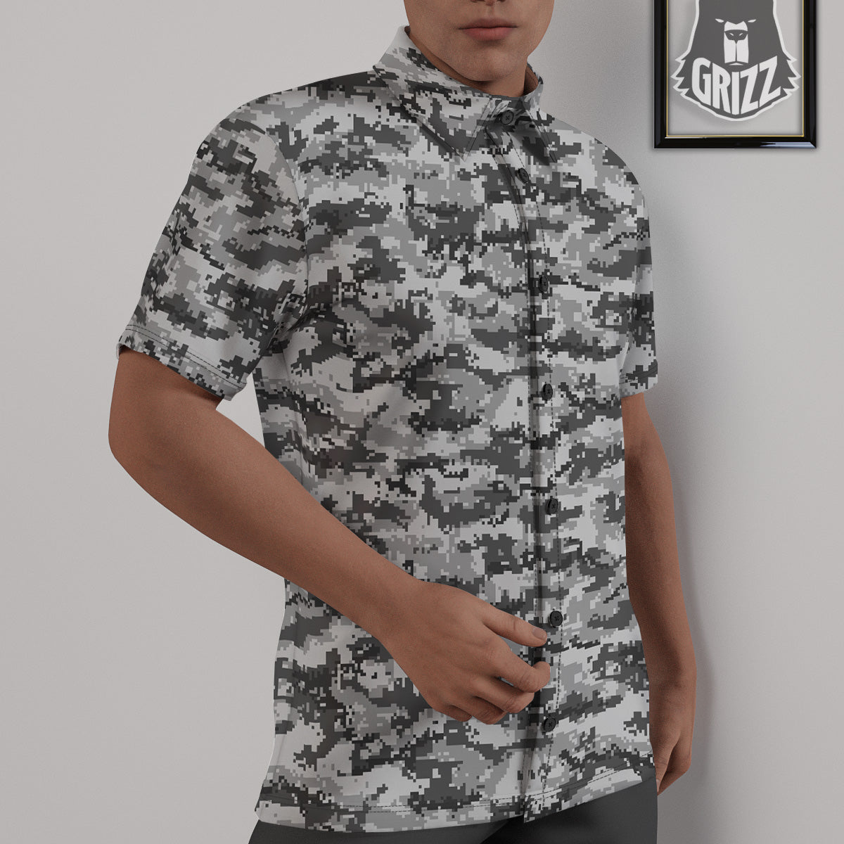 Black White And Grey Digital Camo Print Untucked Shirts-grizzshop