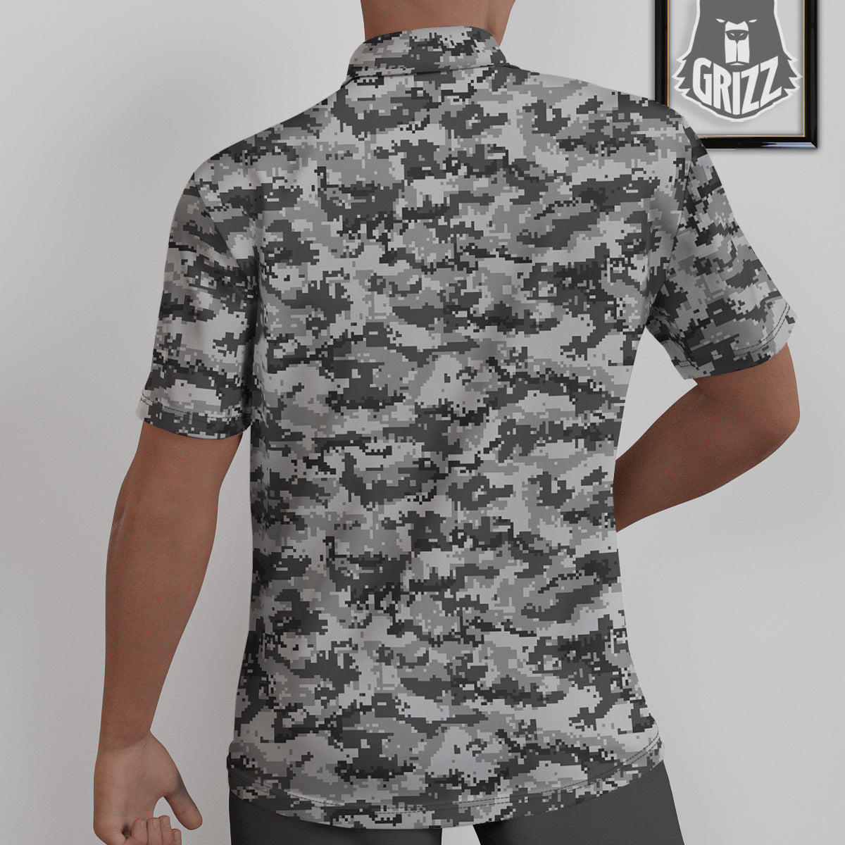 Black White And Grey Digital Camo Print Untucked Shirts-grizzshop