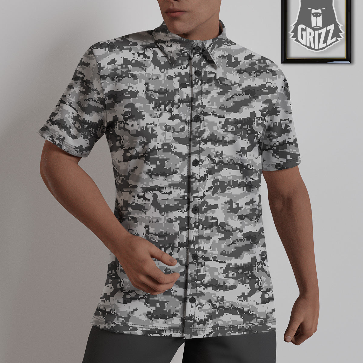 Black White And Grey Digital Camo Print Untucked Shirts-grizzshop