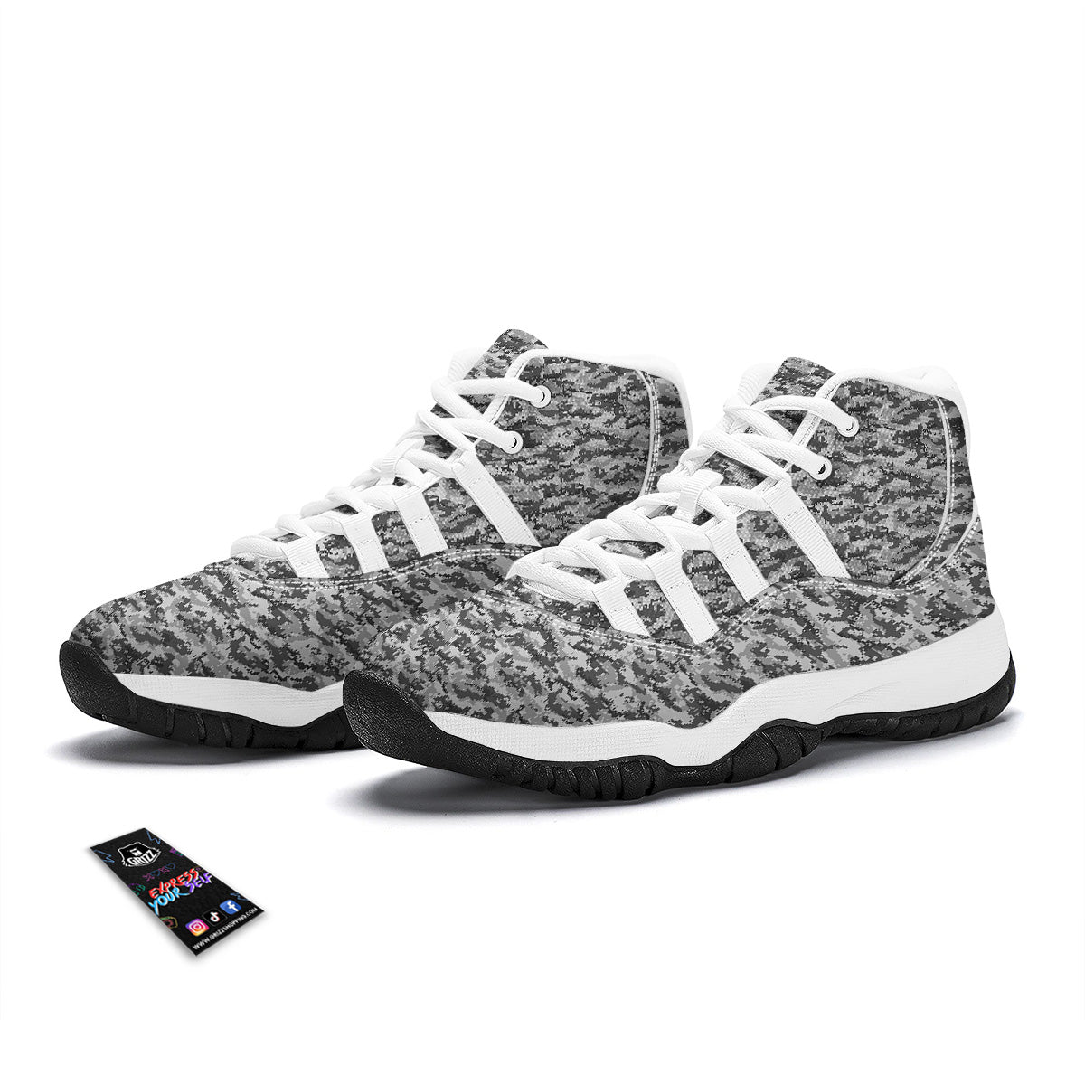 Black White And Grey Digital Camo Print White Bball Shoes-grizzshop
