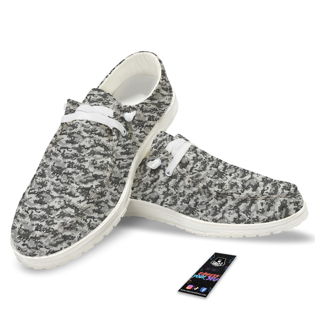 Black White And Grey Digital Camo Print White Loafers-grizzshop