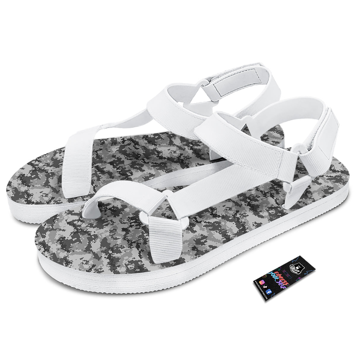 Black White And Grey Digital Camo Print White Open Toe Sandals-grizzshop