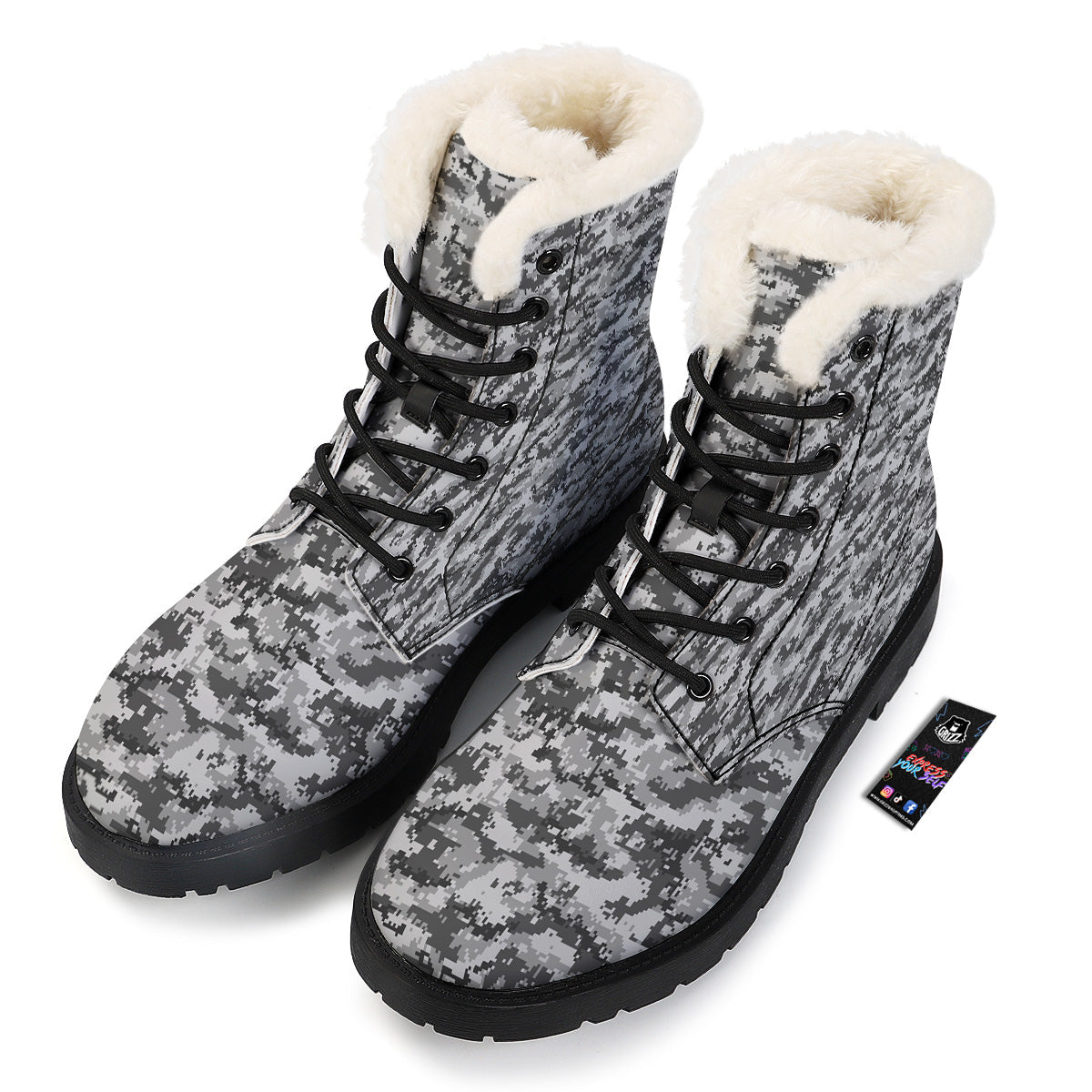 Black White And Grey Digital Camo Print Winter Boots-grizzshop
