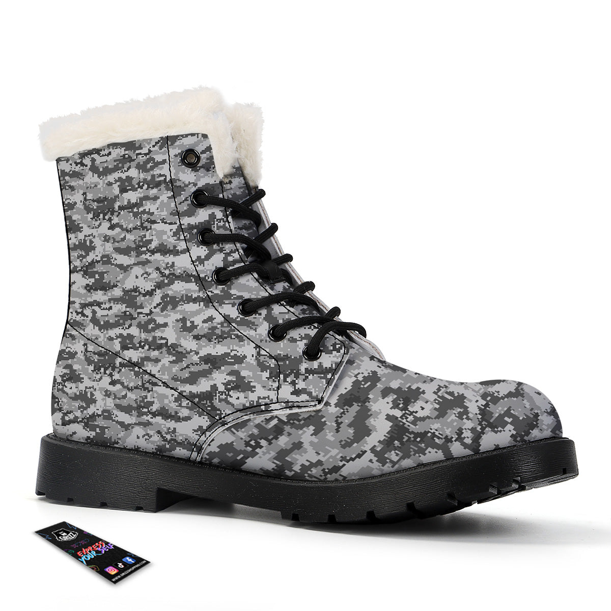 Black White And Grey Digital Camo Print Winter Boots-grizzshop