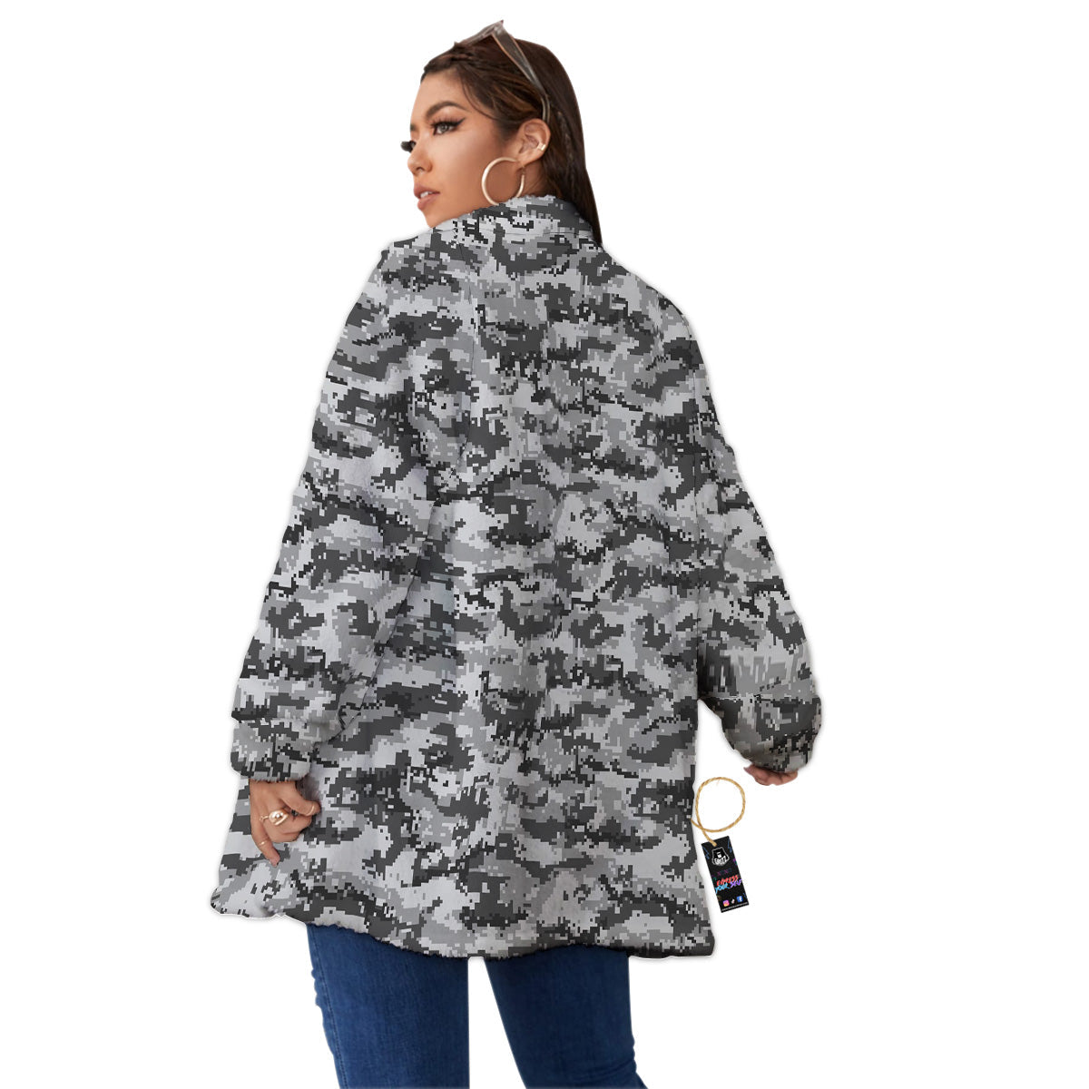 Black White And Grey Digital Camo Print Women's Sherpa Jacket-grizzshop