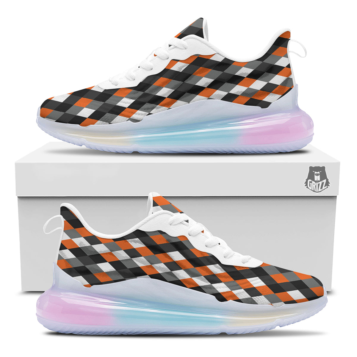 Black White And Orange Harlequin Print Pattern Running Sneakers-grizzshop