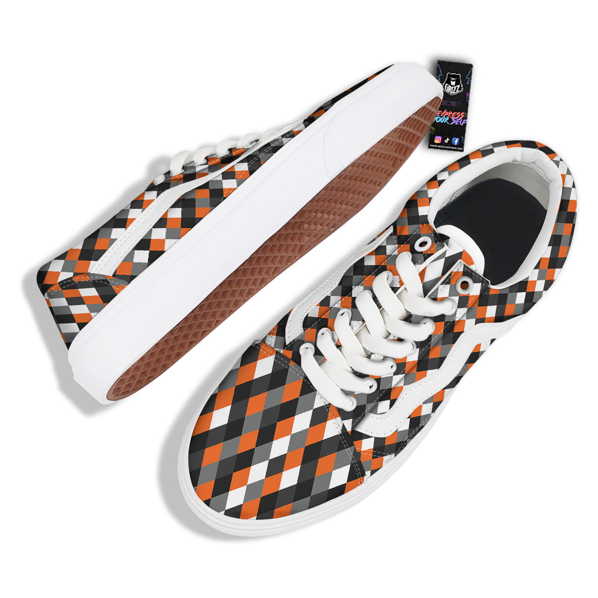 Black White And Orange Harlequin Print Pattern Skate Shoes-grizzshop