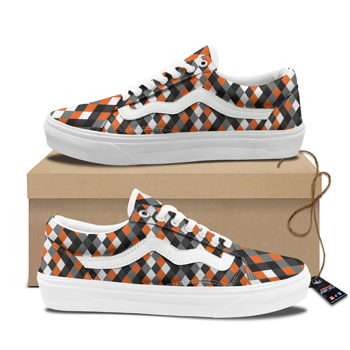 Black White And Orange Harlequin Print Pattern Skate Shoes-grizzshop