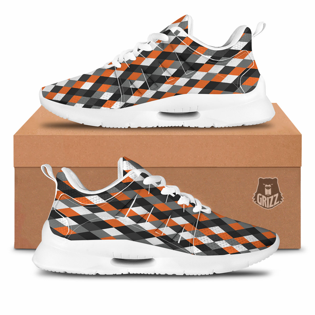 Black White And Orange Harlequin Print Pattern Tennis Shoes-grizzshop