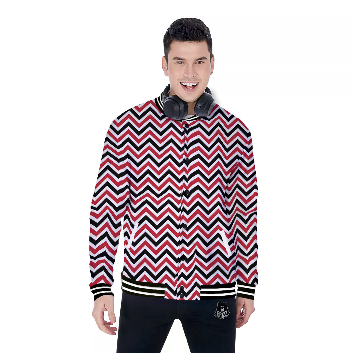 Black White And Red Chevron Print Pattern Baseball Jacket-grizzshop