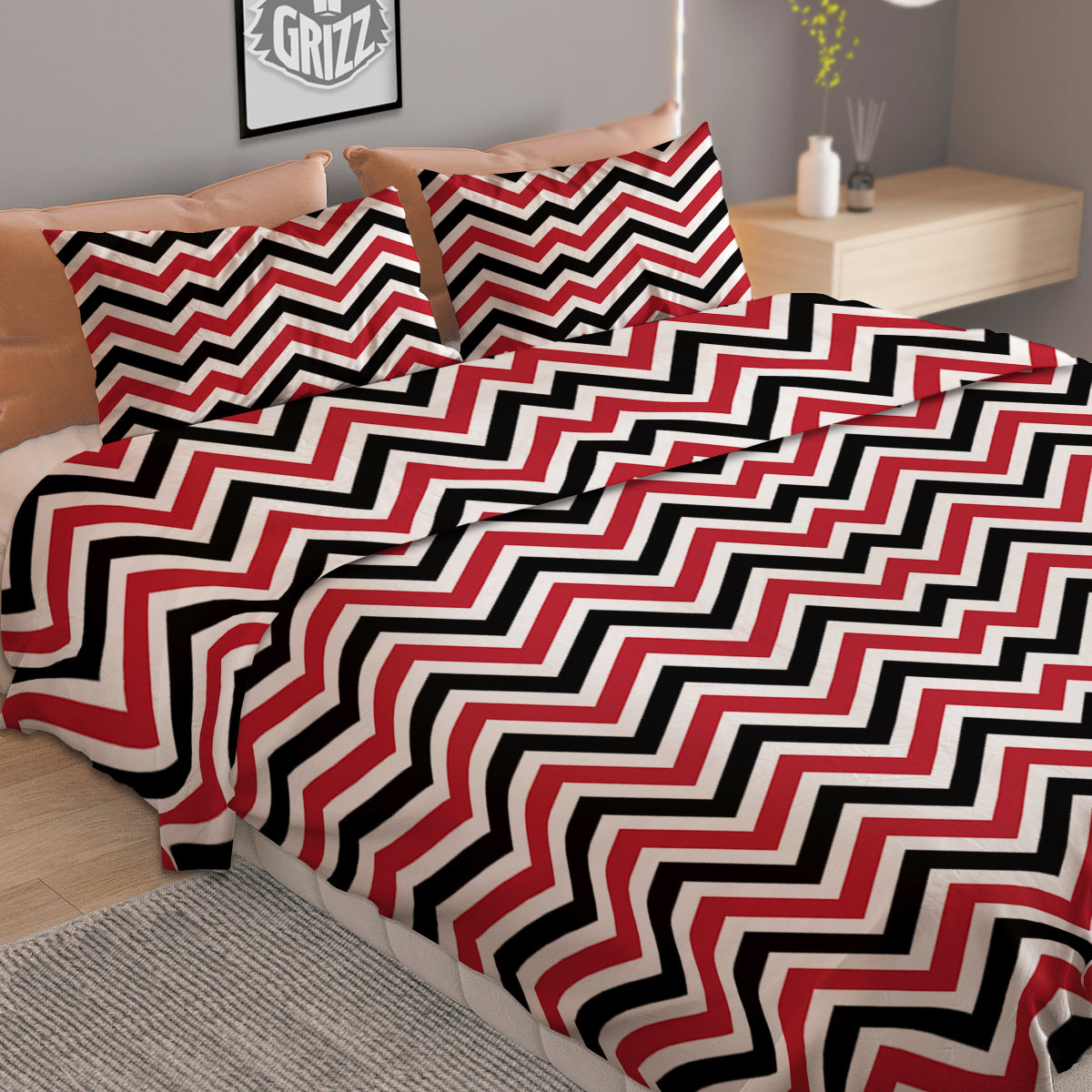 Black White And Red Chevron Print Pattern Duvet Cover Bedding Set