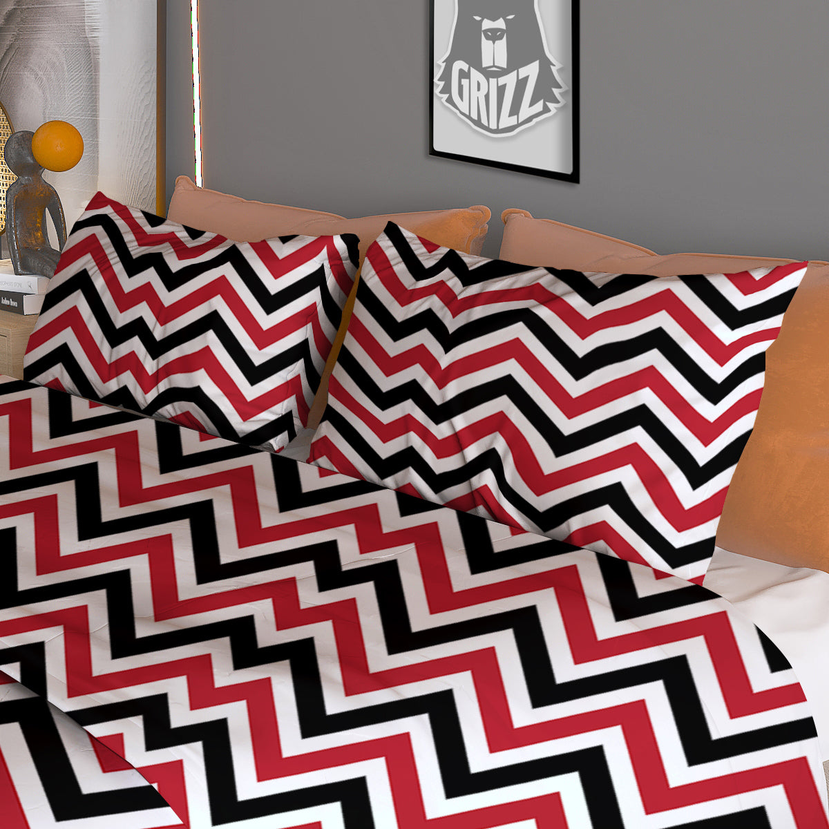 Black White And Red Chevron Print Pattern Duvet Cover Bedding Set