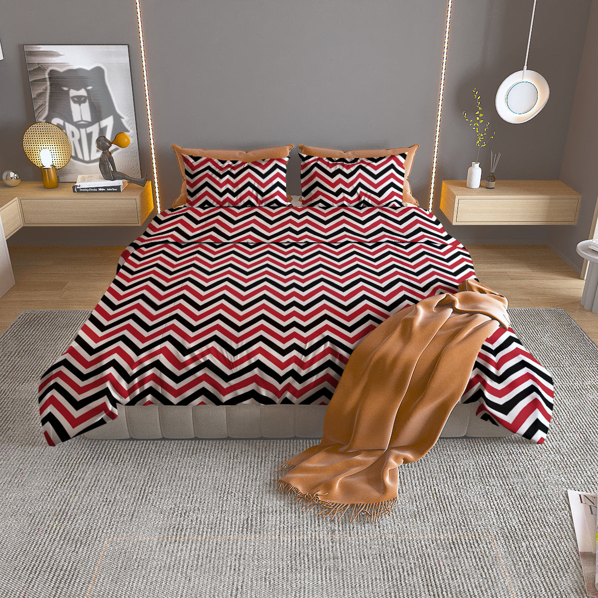 Black White And Red Chevron Print Pattern Duvet Cover Bedding Set