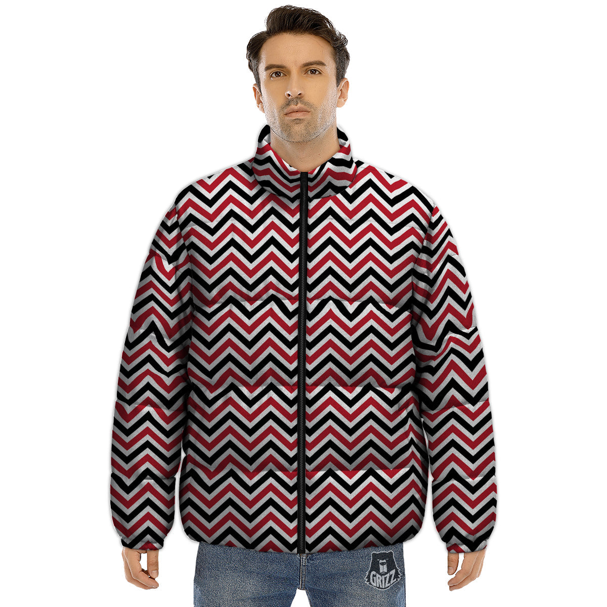 Black White And Red Chevron Print Pattern Puffer Jacket-grizzshop