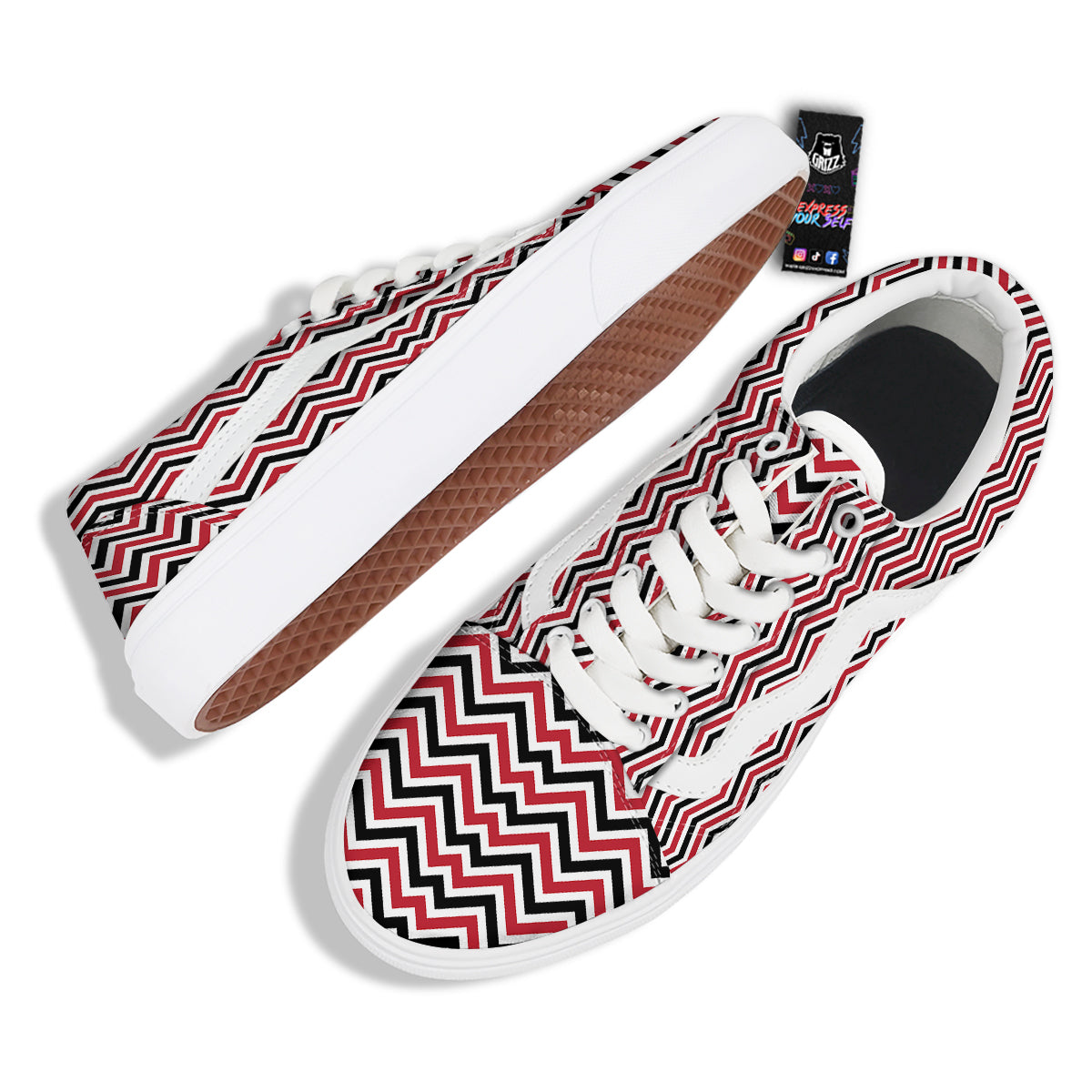 Black White And Red Chevron Print Pattern Skate Shoes-grizzshop