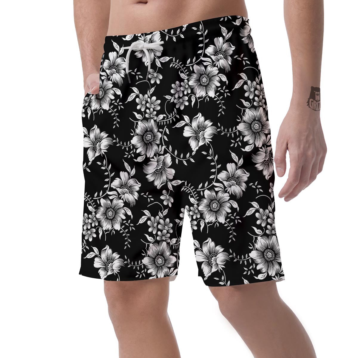 Black White Floral Print Men's Shorts-grizzshop