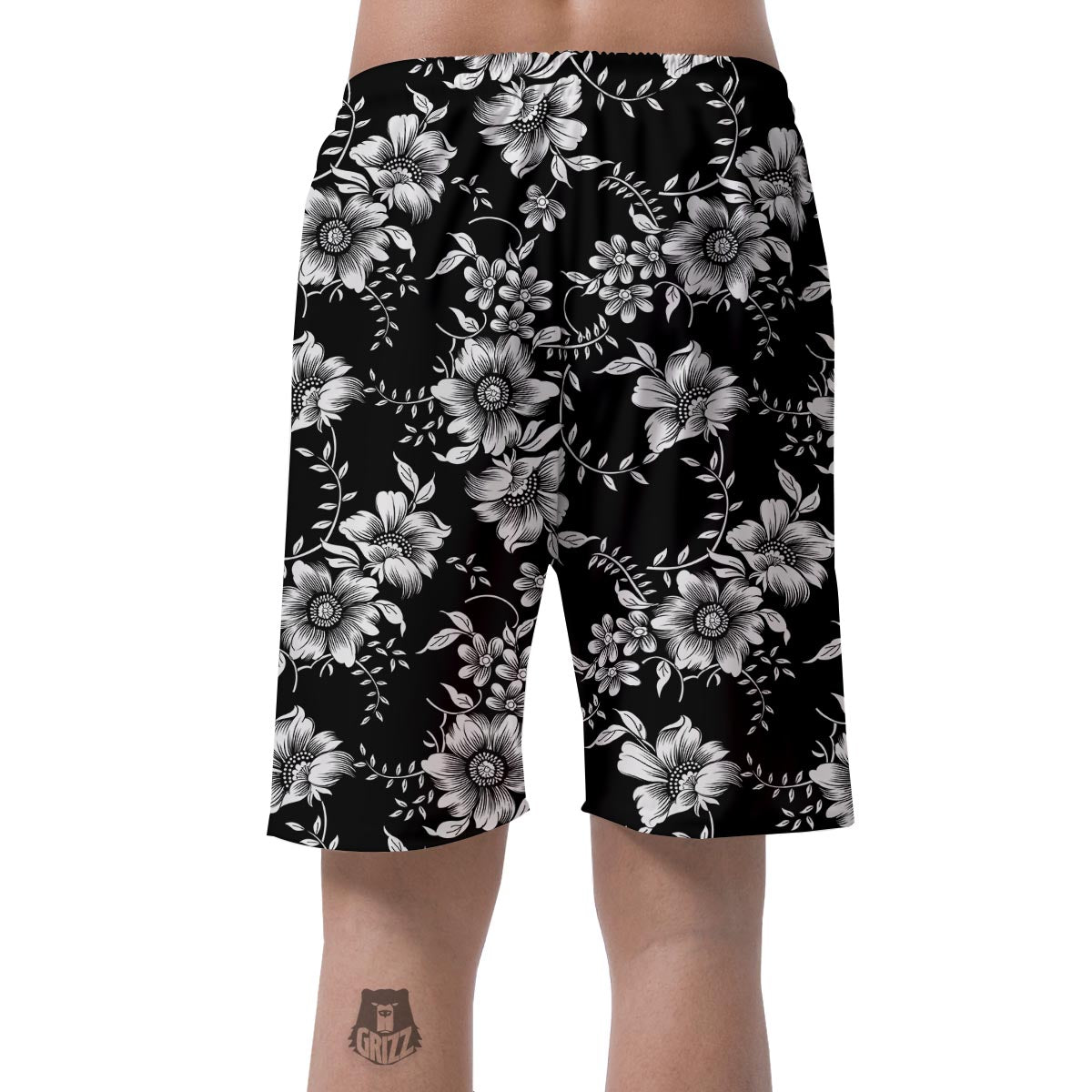 Black White Floral Print Men's Shorts-grizzshop