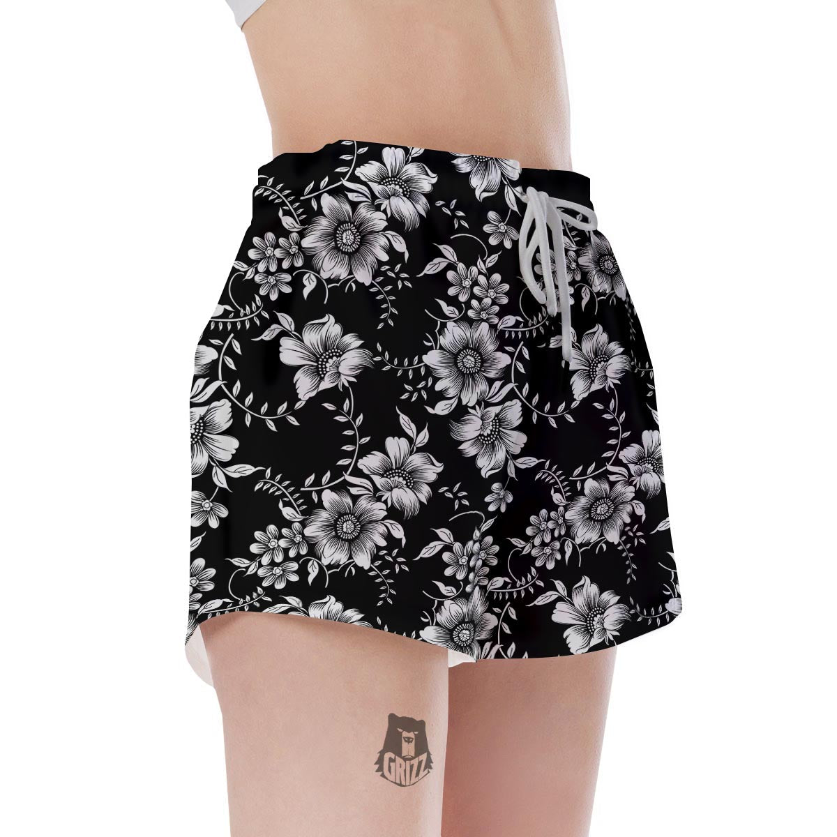 Black White Floral Print Women's Shorts-grizzshop
