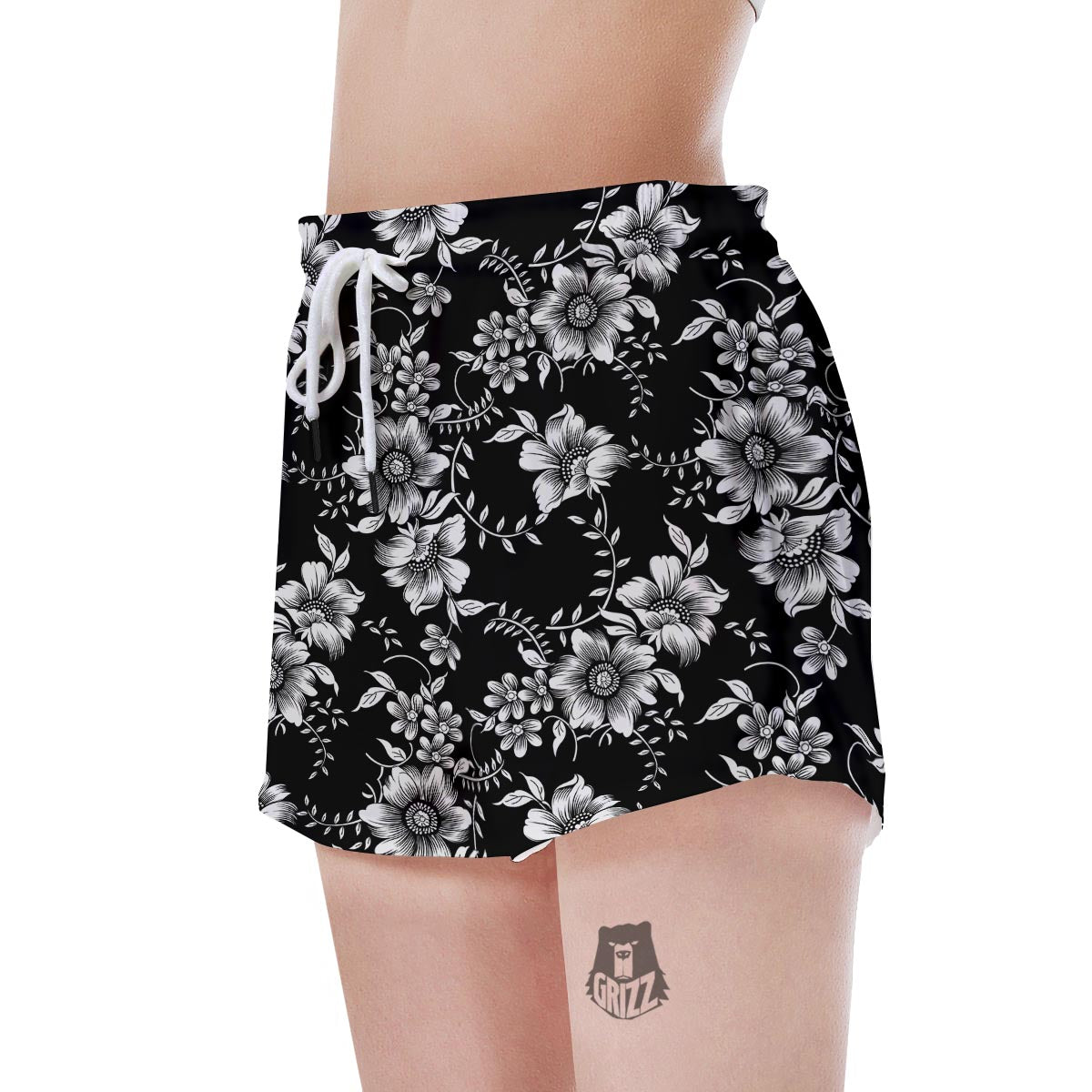 Black White Floral Print Women's Shorts-grizzshop