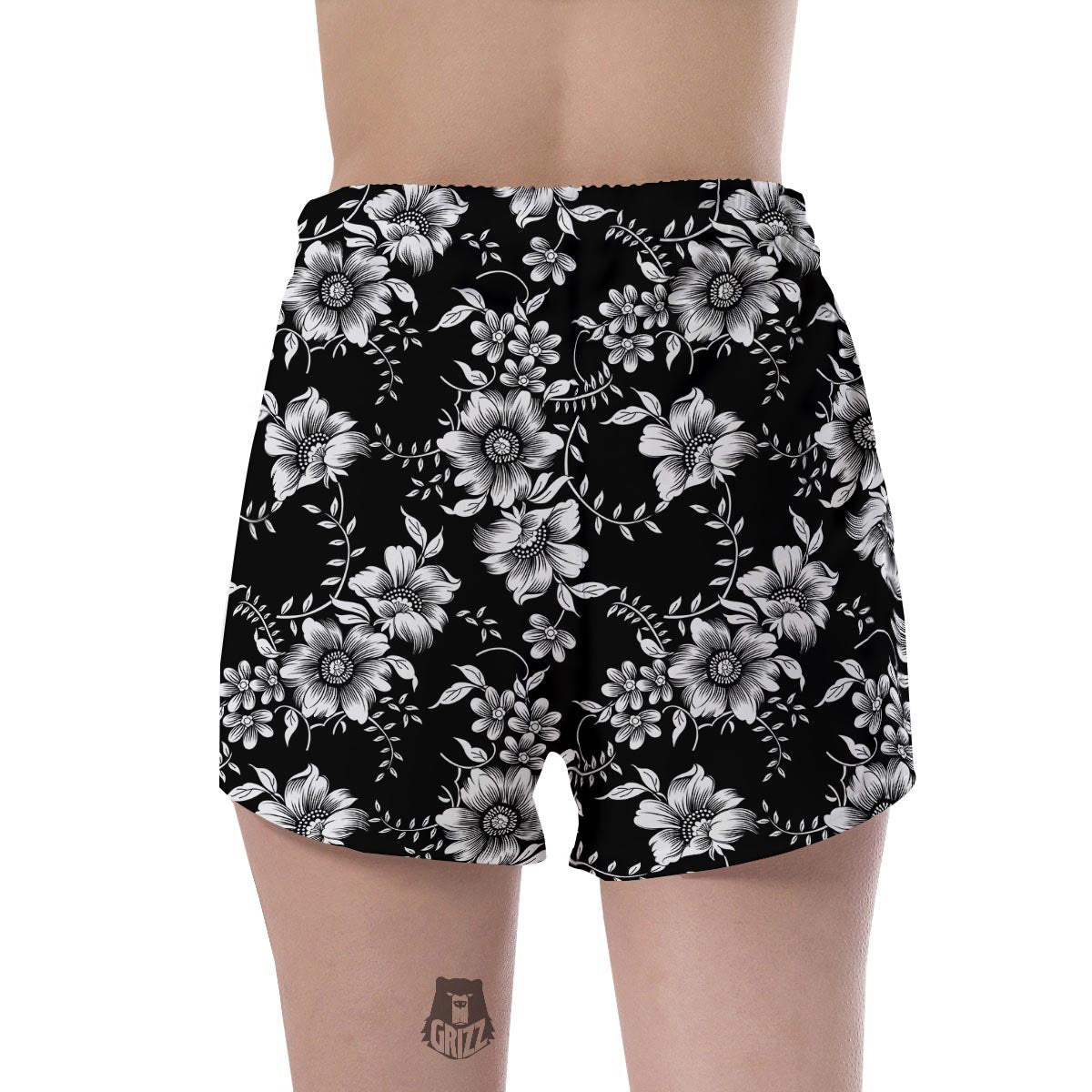 Black White Floral Print Women's Shorts-grizzshop