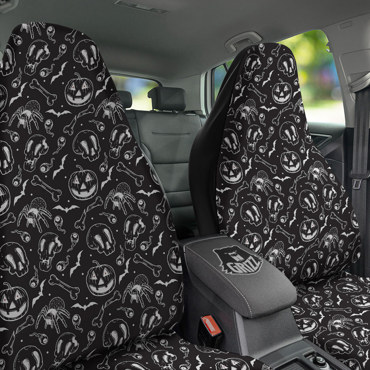 Black White Handdrawn Skull And Spider Print Pattern Car Seat Covers-grizzshop