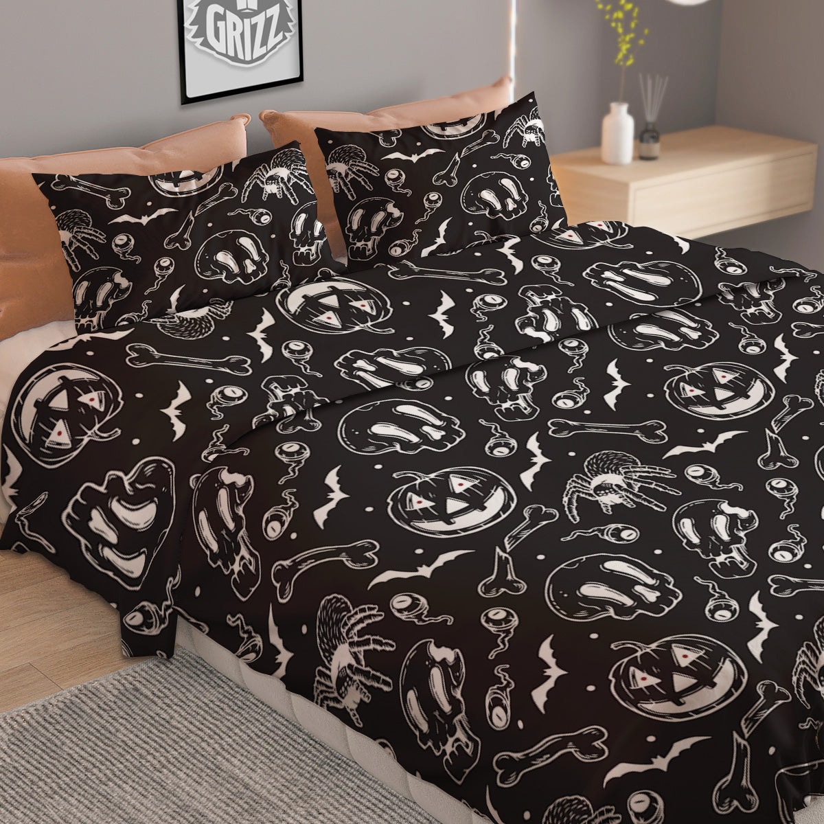 Black White Handdrawn Skull And Spider Print Pattern Duvet Cover Bedding Set