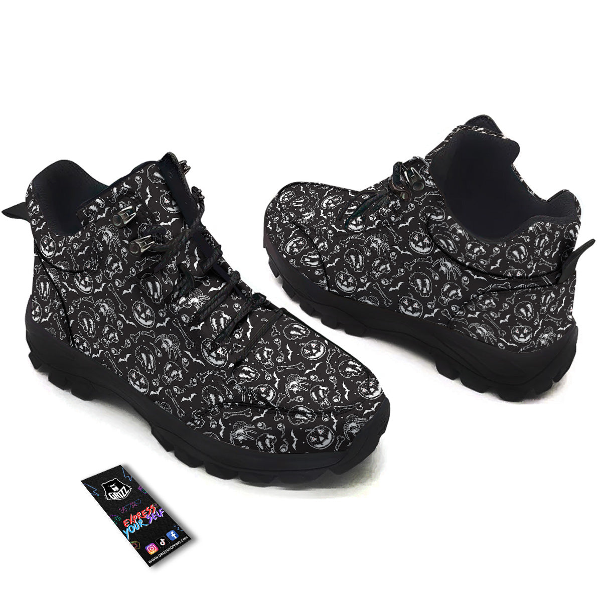 Black White Handdrawn Skull And Spider Print Pattern Hiking Shoes-grizzshop