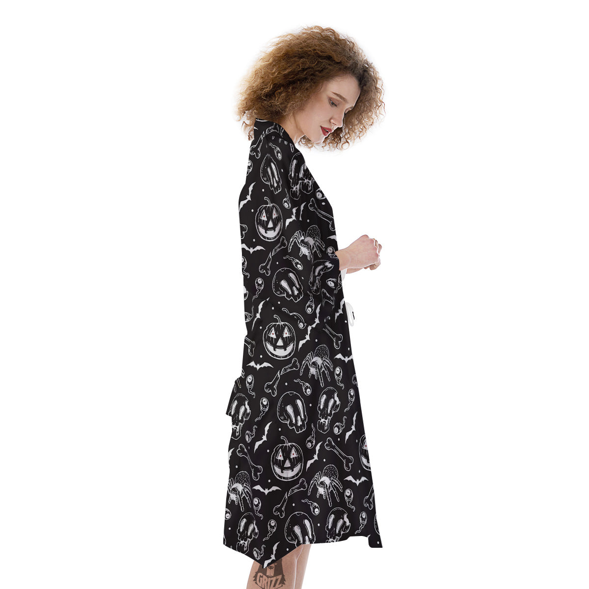 Black White Handdrawn Skull And Spider Print Pattern Kimono-grizzshop