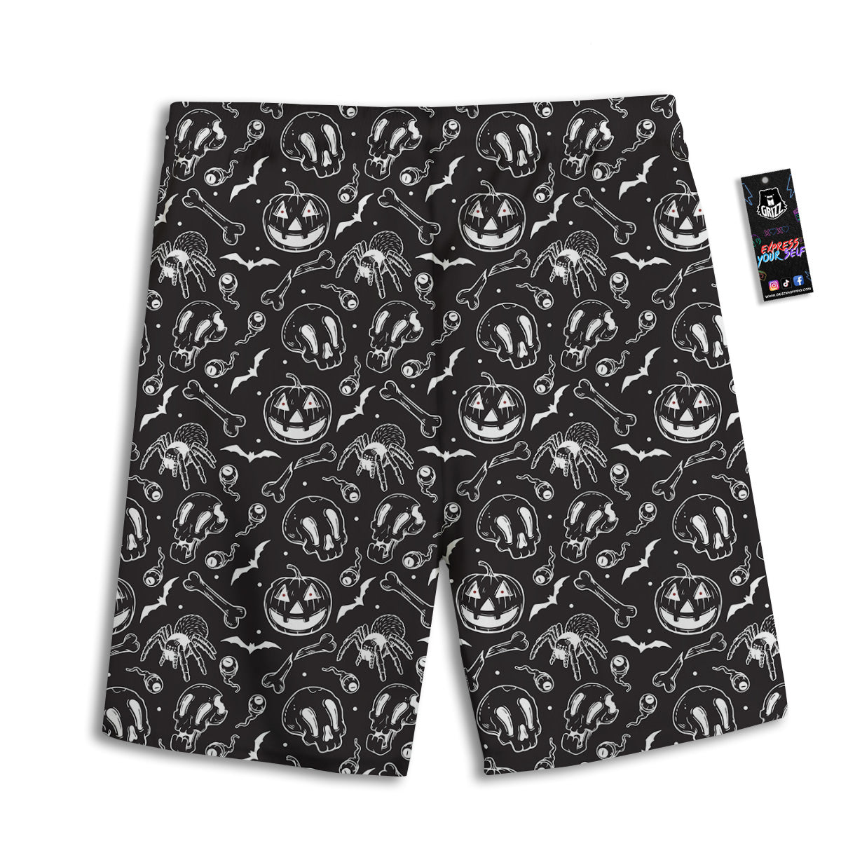 Black White Handdrawn Skull And Spider Print Pattern Men's Athletic Shorts