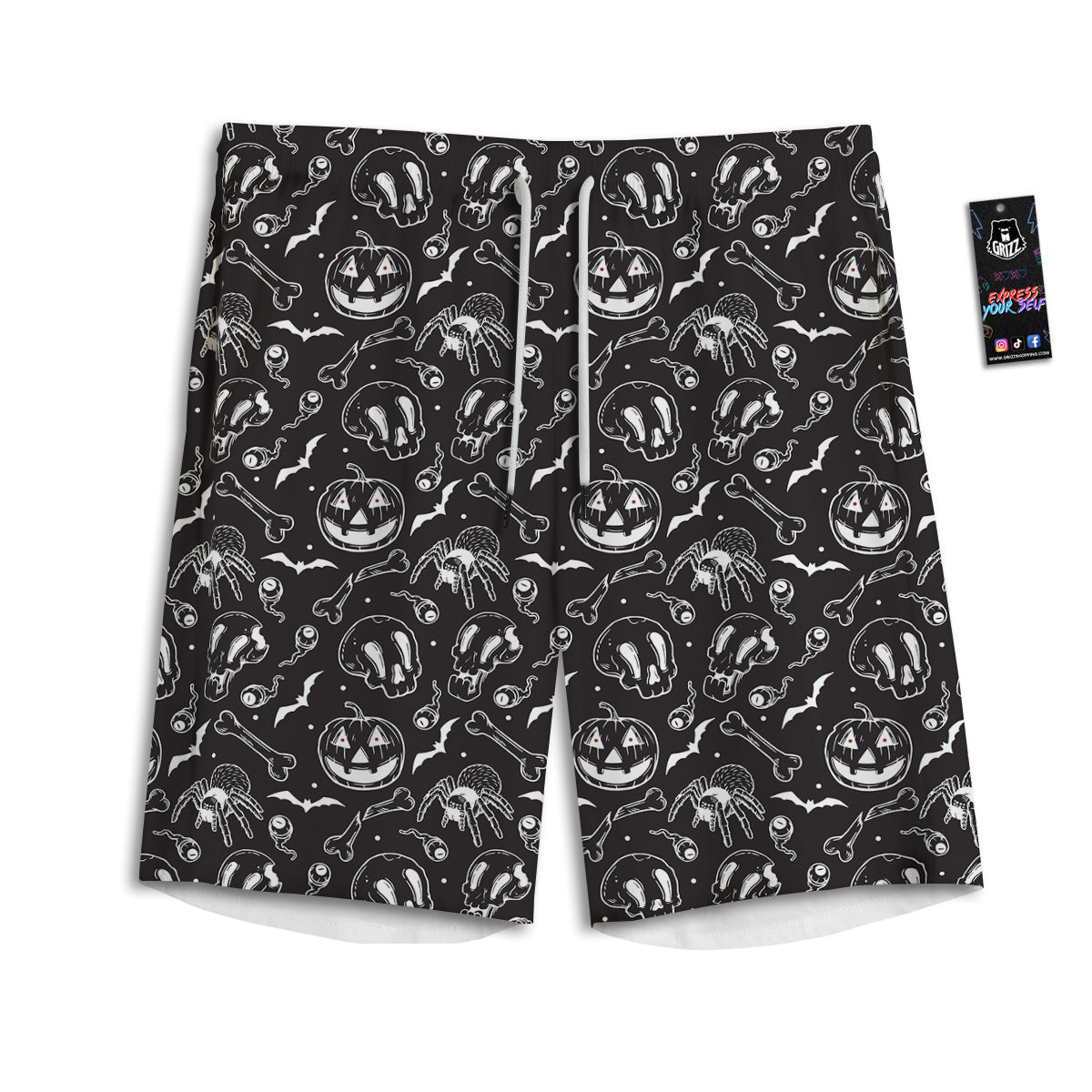 Black White Handdrawn Skull And Spider Print Pattern Men's Athletic Shorts