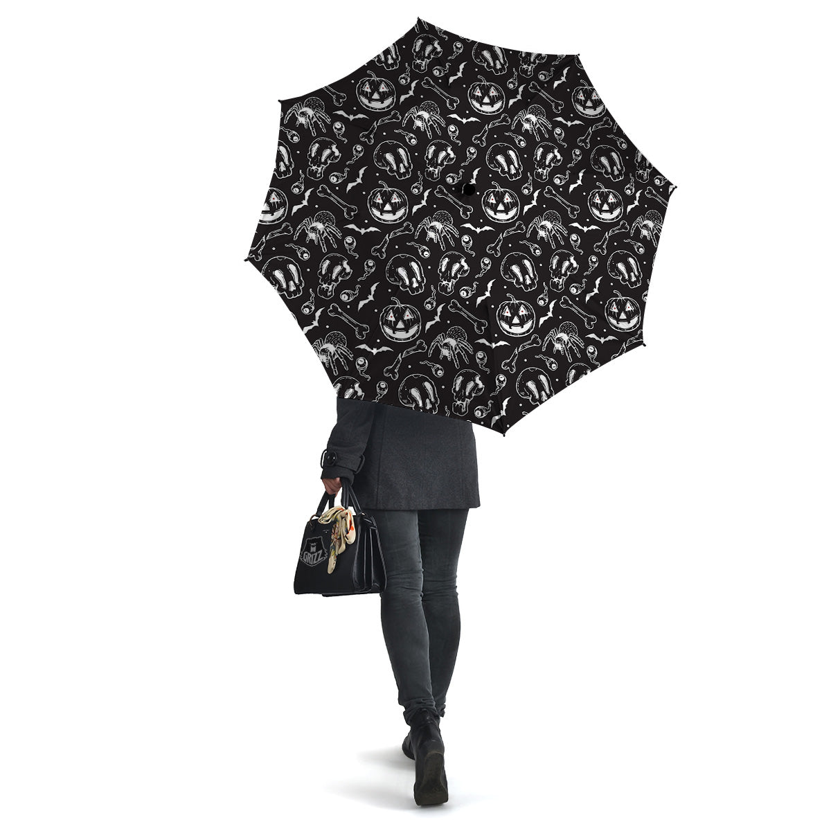 Black White Handdrawn Skull And Spider Print Pattern Umbrella-grizzshop