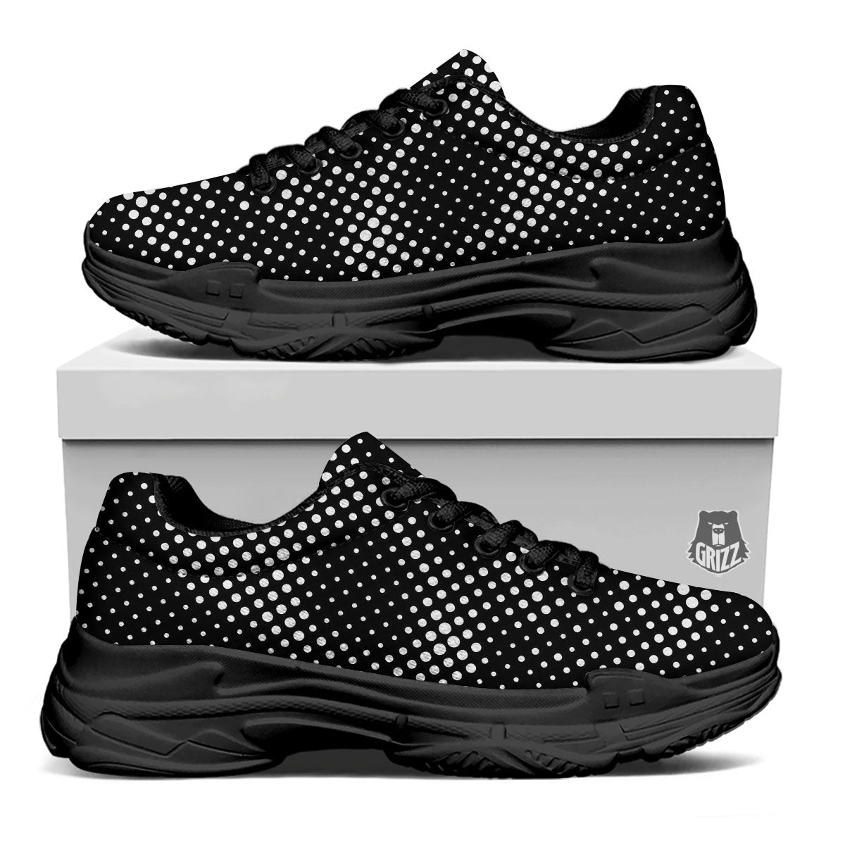Black White Polka Dots Skull Print Black Chunky Shoes-grizzshop