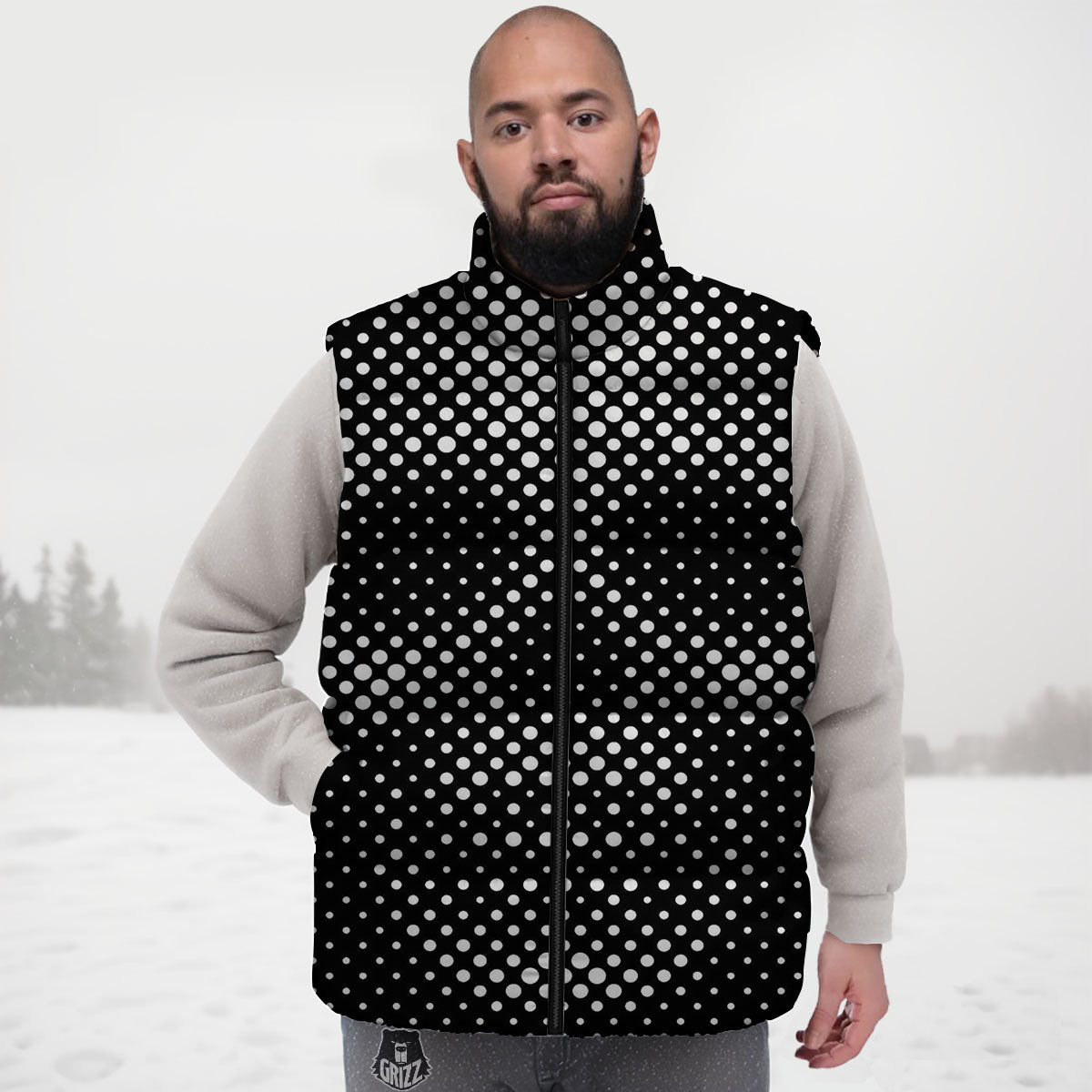 Black White Polka Dots Skull Print Down Vest