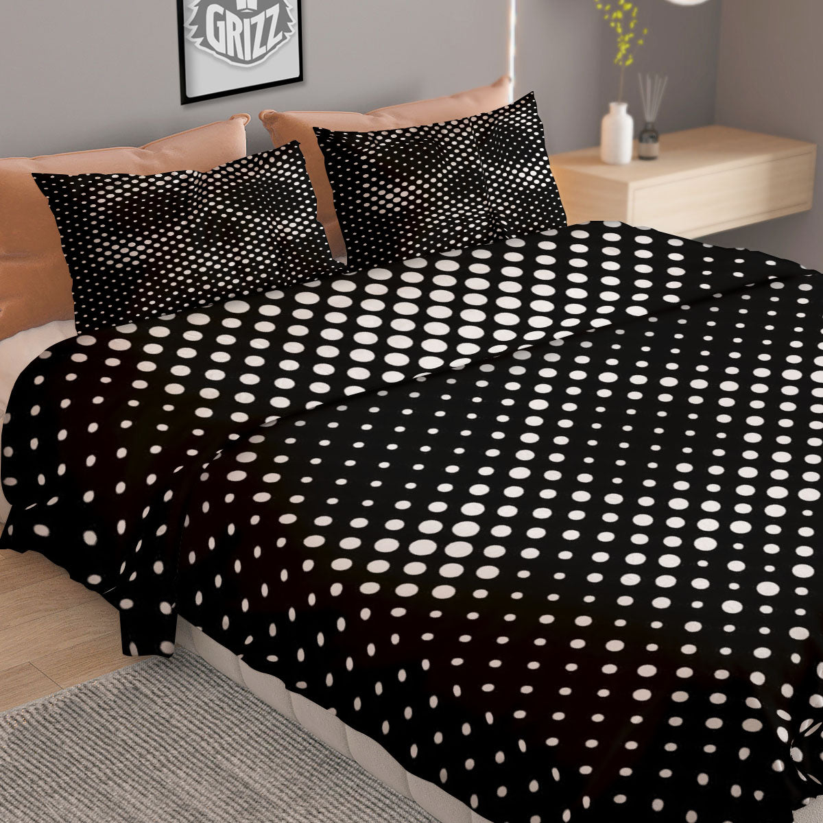 Black White Polka Dots Skull Print Duvet Cover Bedding Set