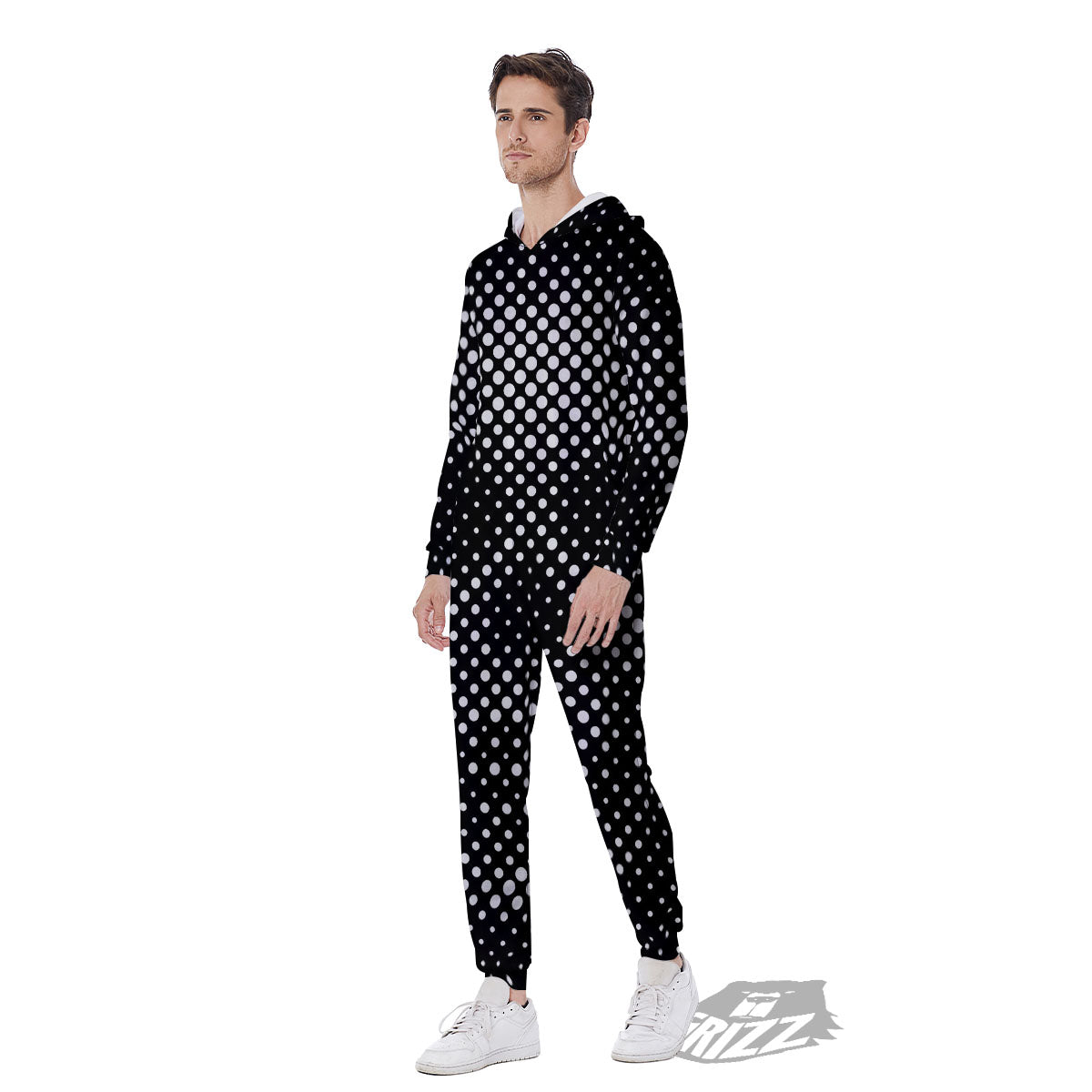 Black White Polka Dots Skull Print Men's Jumpsuit-grizzshop