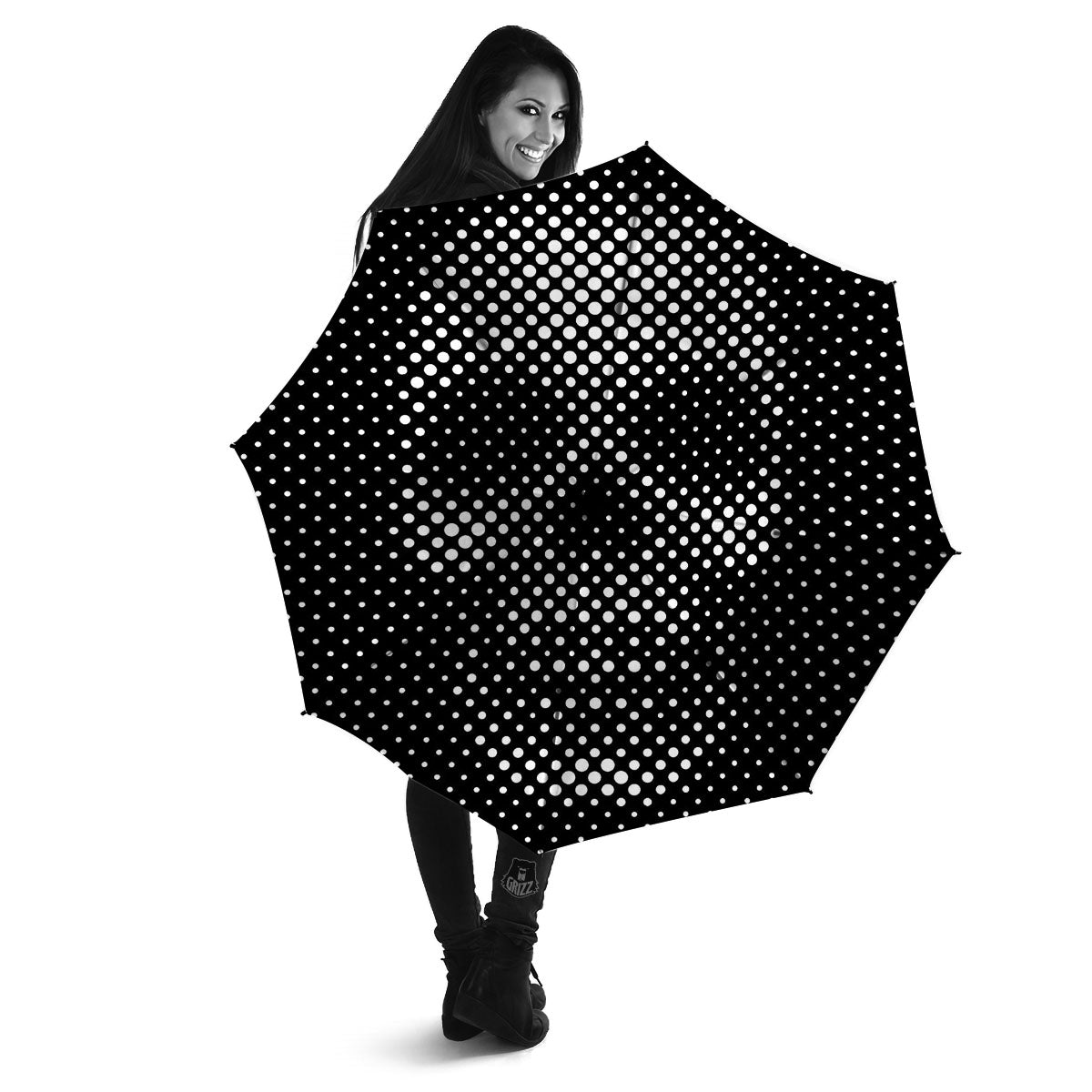 Black White Polka Dots Skull Print Umbrella-grizzshop