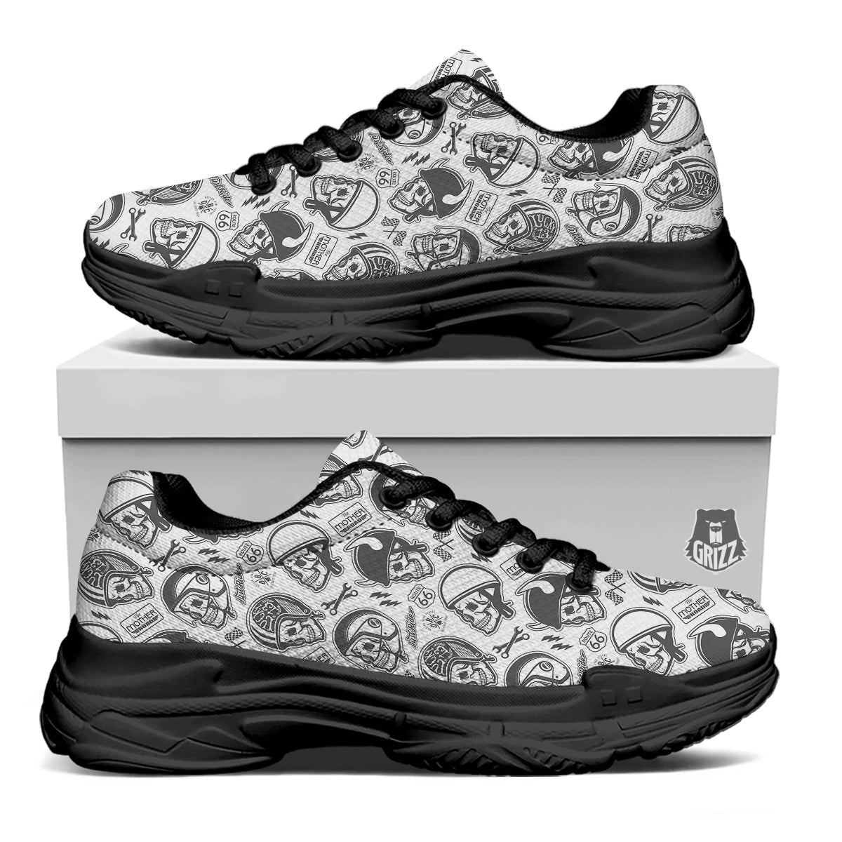 Black White Skull Helmet Rider Print Pattern Black Chunky Shoes-grizzshop