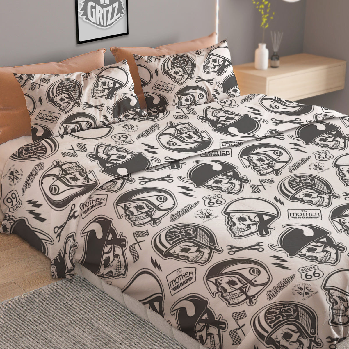 Black White Skull Helmet Rider Print Pattern Duvet Cover Bedding Set