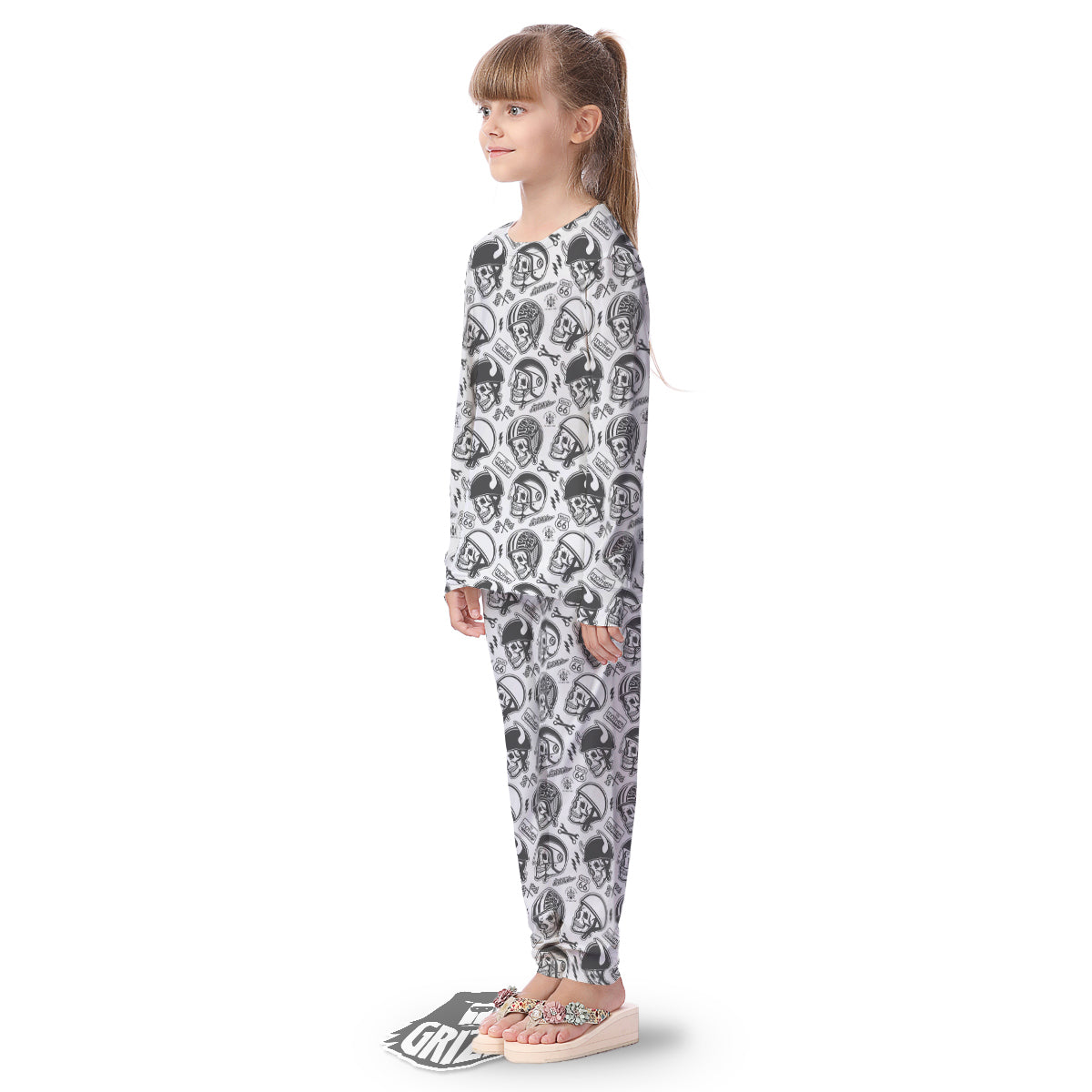 Black White Skull Helmet Rider Print Pattern Kid's Pajamas-grizzshop