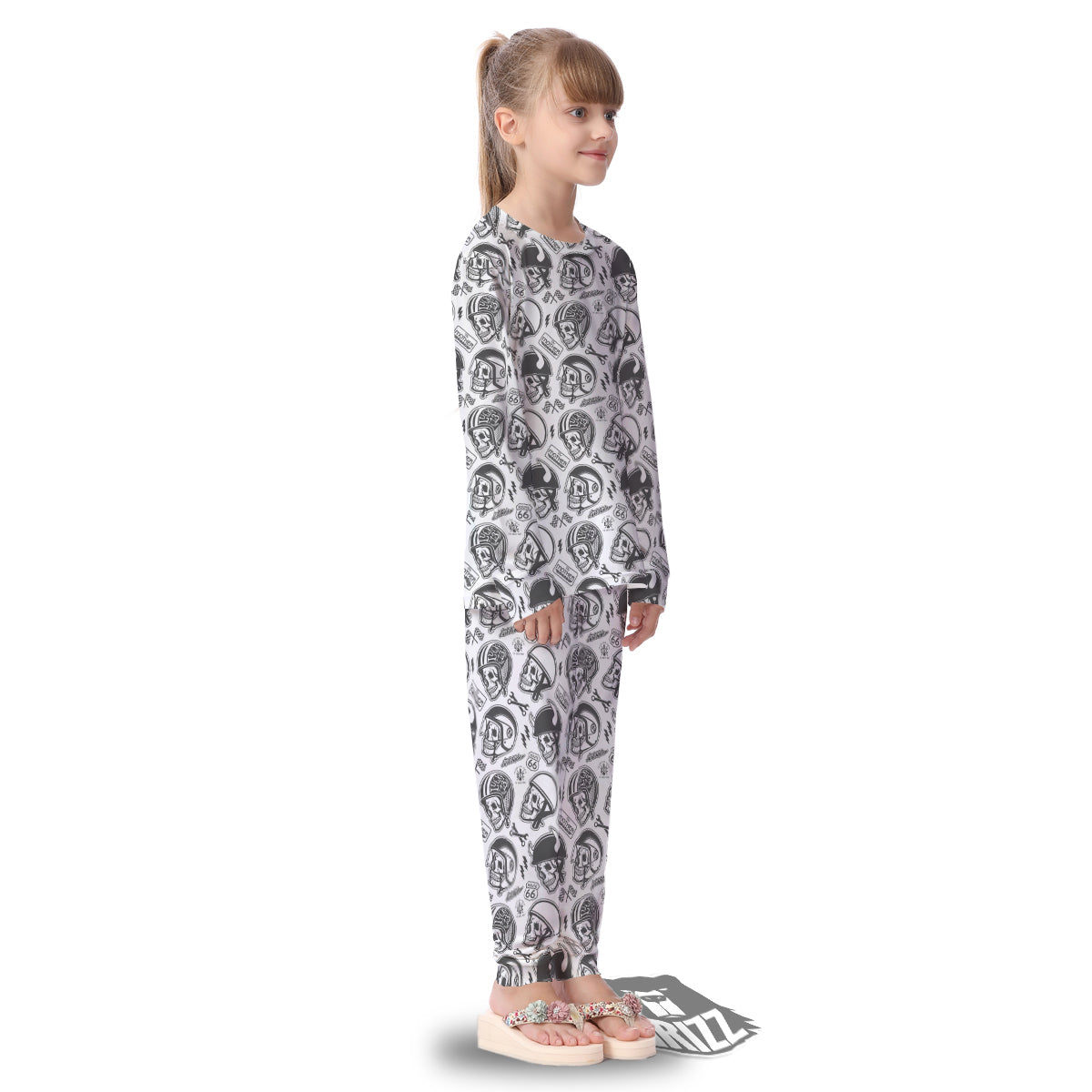 Black White Skull Helmet Rider Print Pattern Kid's Pajamas-grizzshop