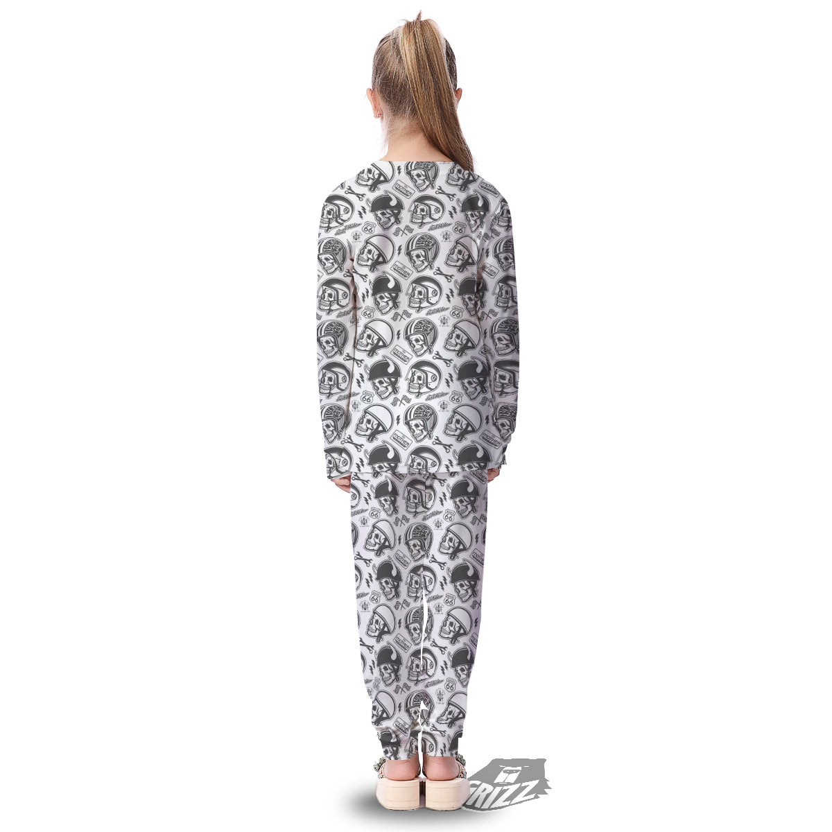 Black White Skull Helmet Rider Print Pattern Kid's Pajamas-grizzshop
