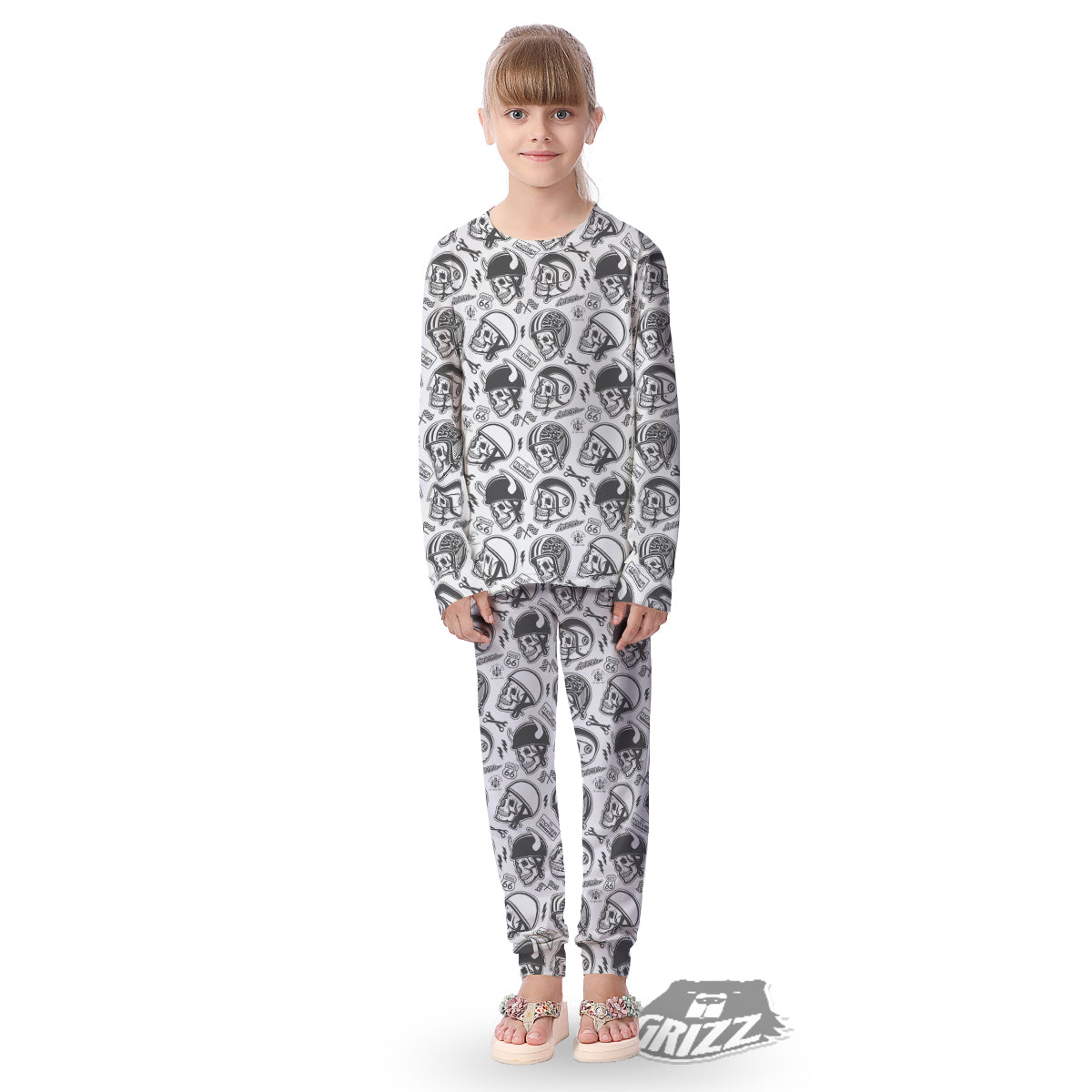 Black White Skull Helmet Rider Print Pattern Kid's Pajamas-grizzshop