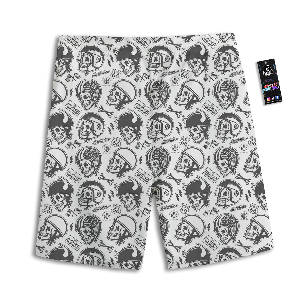 Black White Skull Helmet Rider Print Pattern Men's Athletic Shorts