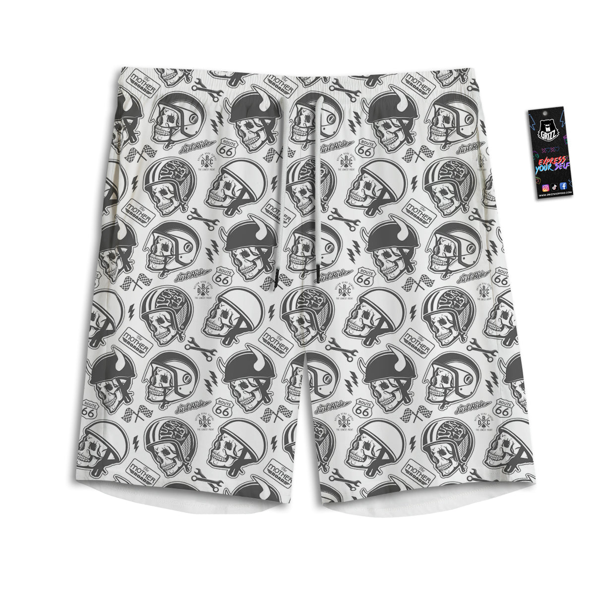 Black White Skull Helmet Rider Print Pattern Men's Athletic Shorts